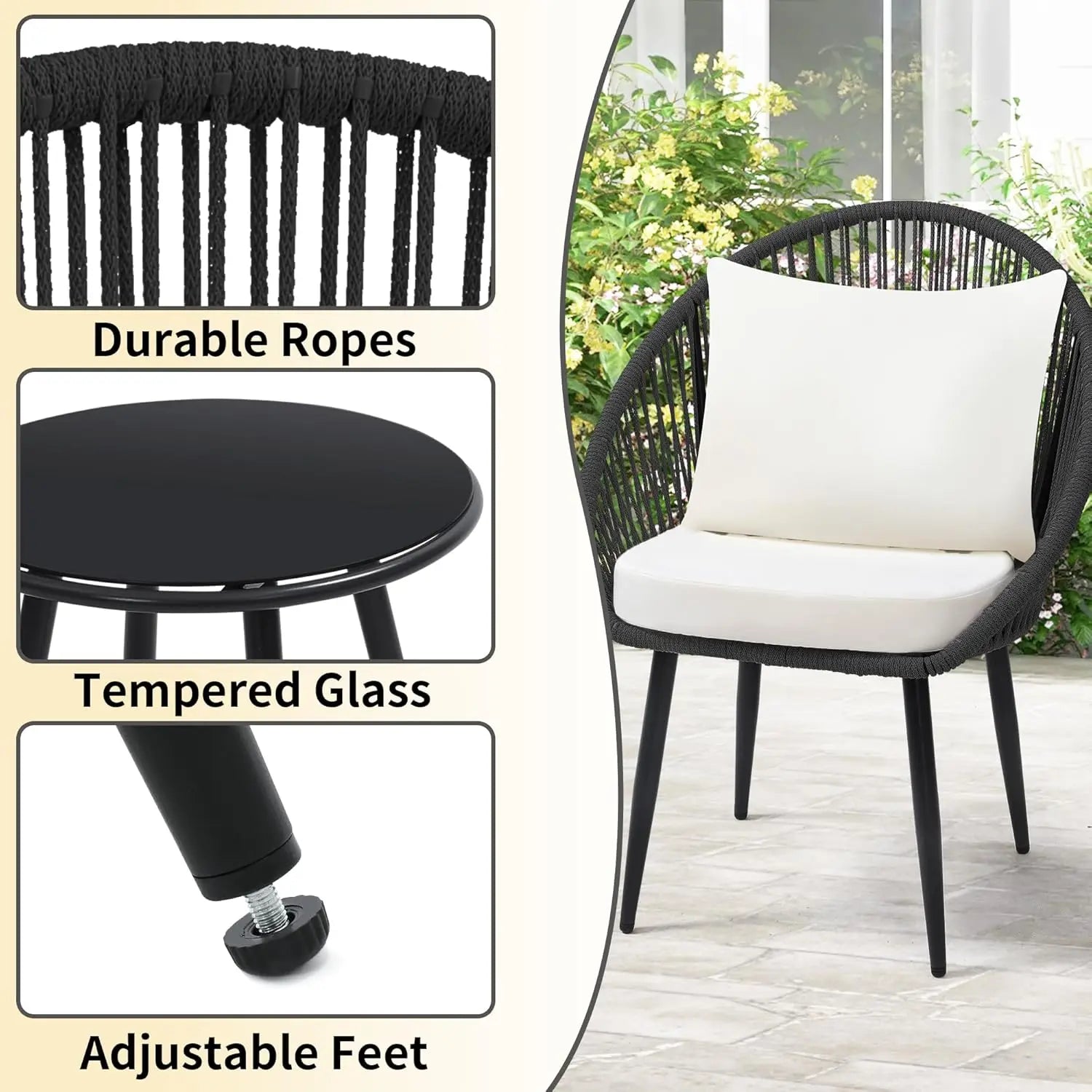 3-Piece Outdoor Bistro Set, Woven Rope Chairs with Cushions, All-Weather Patio Conversation Set with Side Table