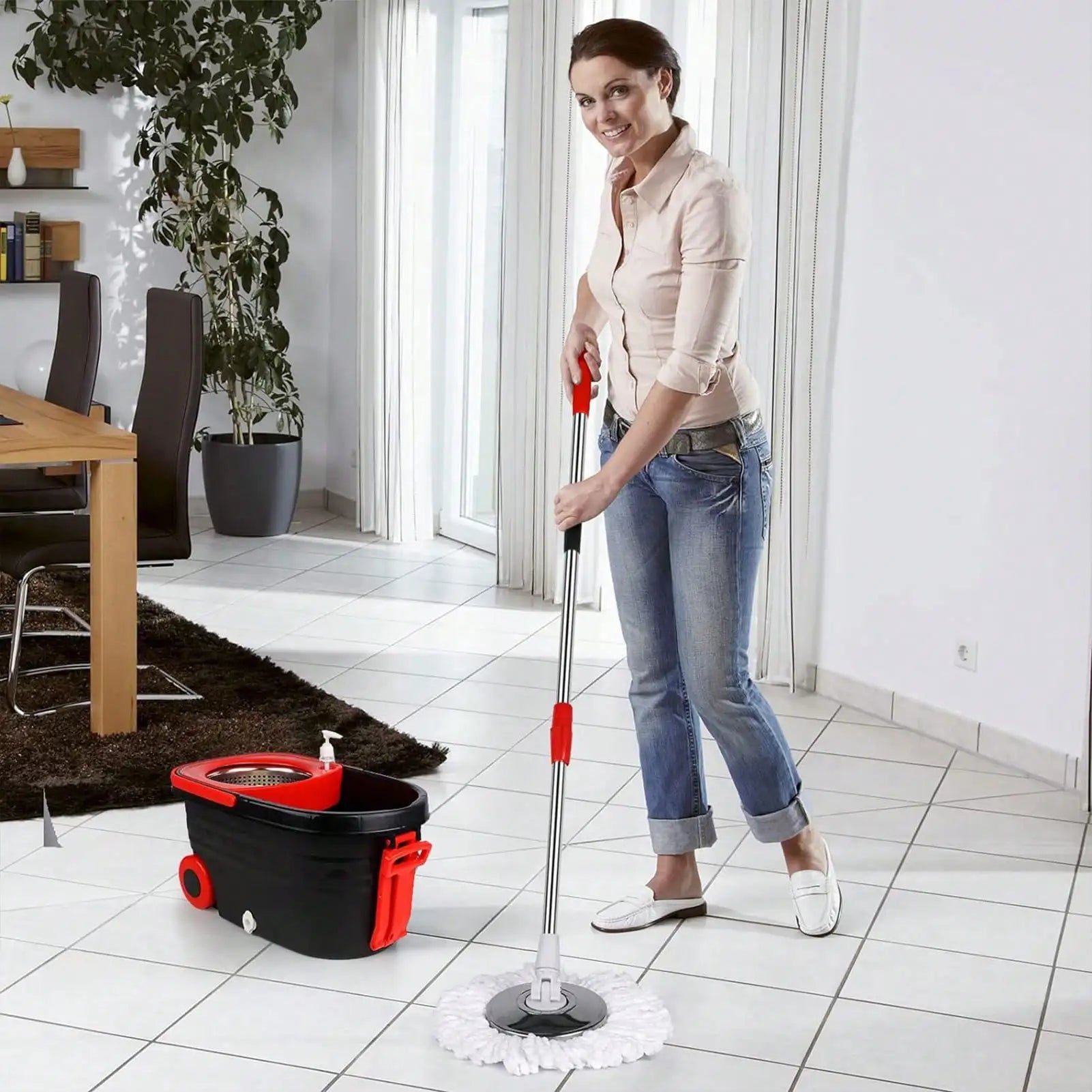 Spin Mop and Bucket with Wringer Set Rolling System