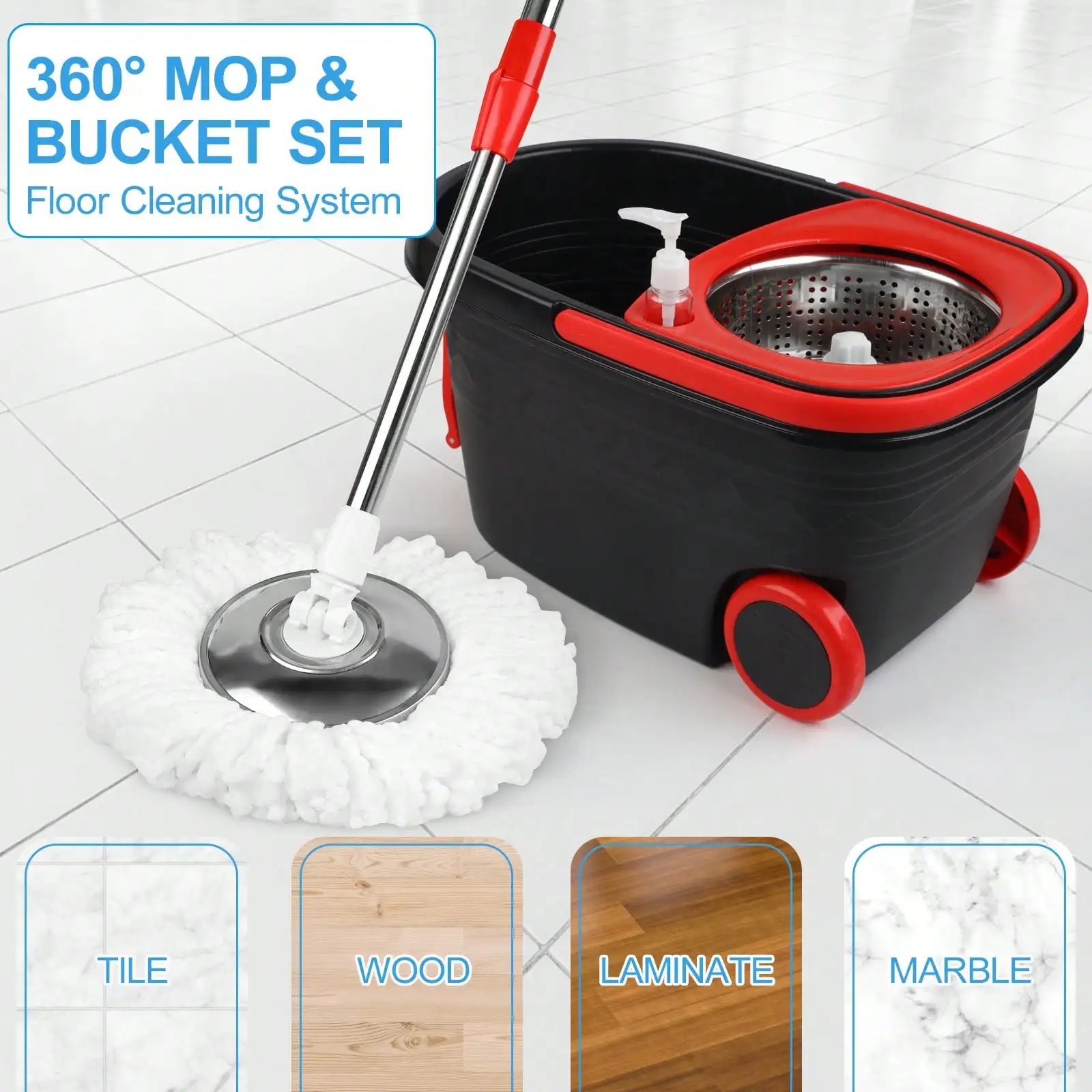 Spin Mop and Bucket with Wringer Set Rolling System