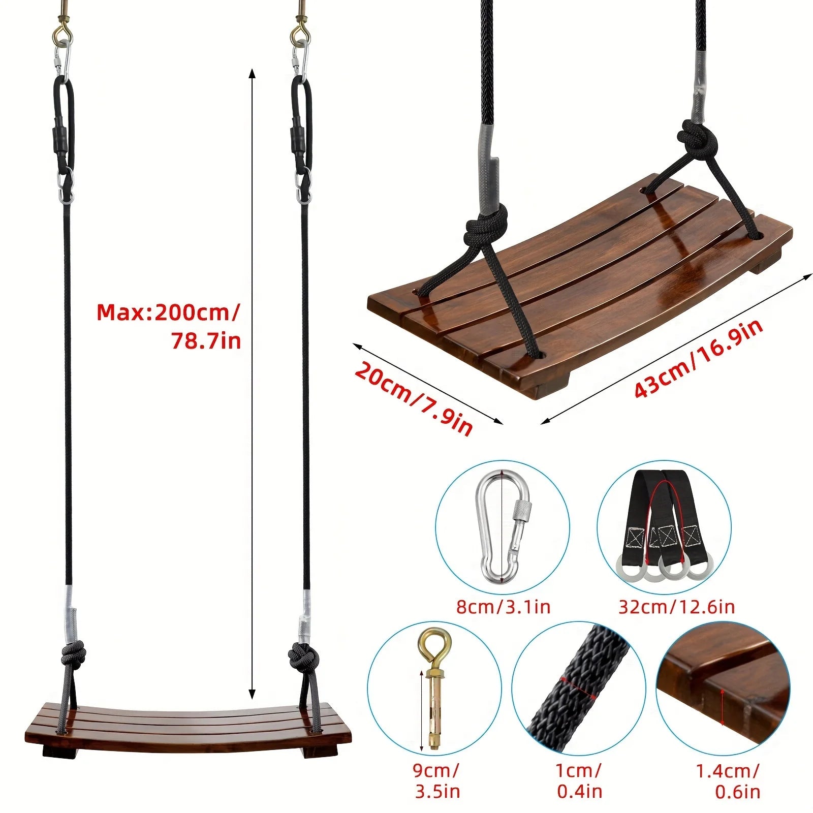 Adult Outdoor Swing Chair, Heavy-Duty Wooden Porch Swing, 330lbs Capacity Garden Hanging Seat