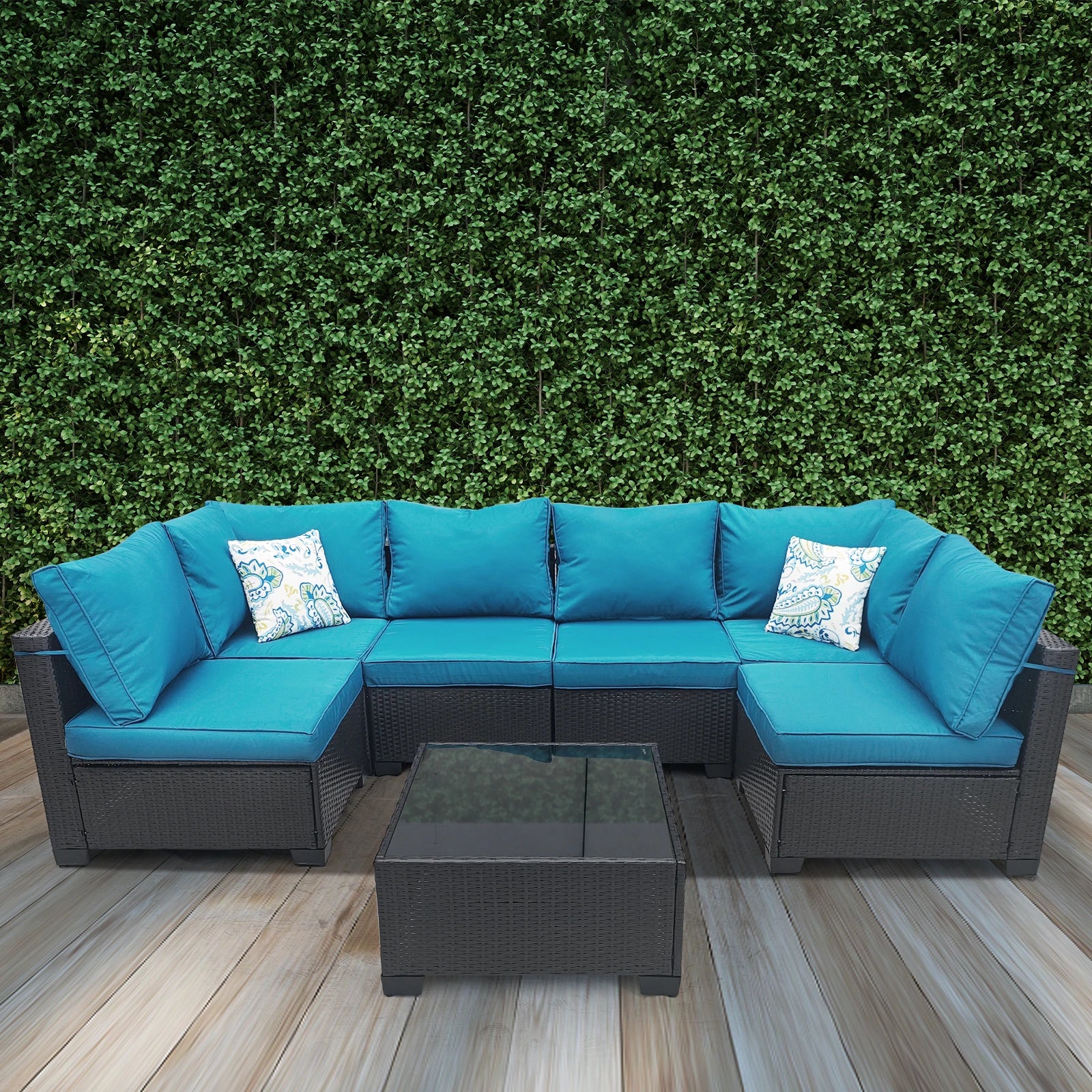 7-Piece Patio Furniture Set - All-Weather Wicker Rattan Outdoor Conversation Set in Black/Peacock Blue for Backyard Garden Pool