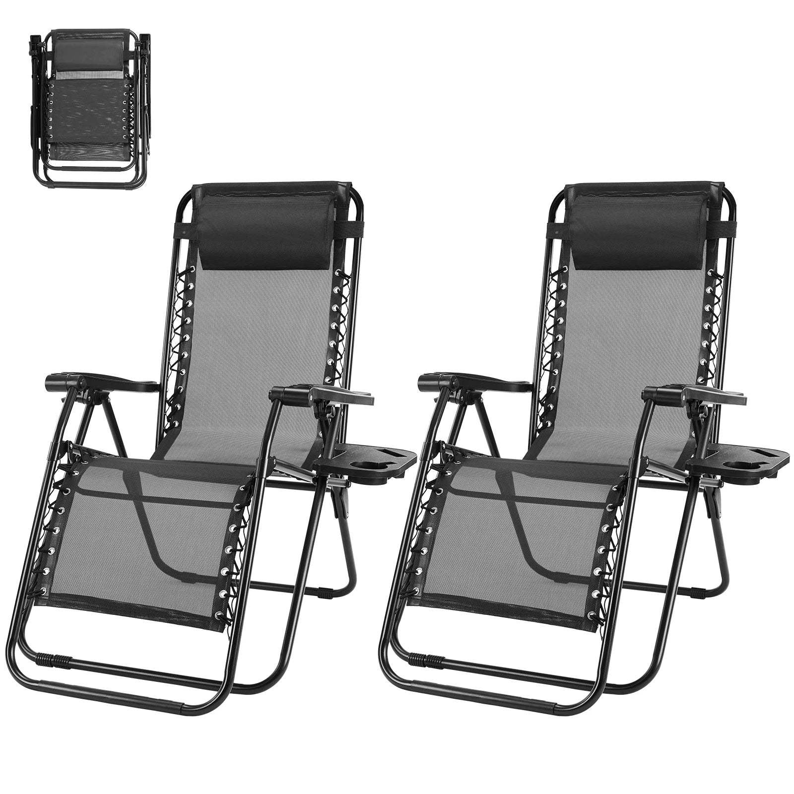 Outdoor Zero Gravity Chairs Set of 2 Folding Recliner Beach Camping Patio Lounge Chair with Cup Holder and Adjustable Pillow