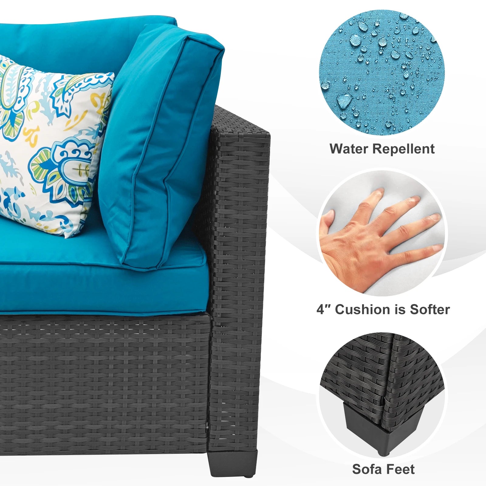 7-Piece Patio Furniture Set - All-Weather Wicker Rattan Outdoor Conversation Set in Black/Peacock Blue for Backyard Garden Pool
