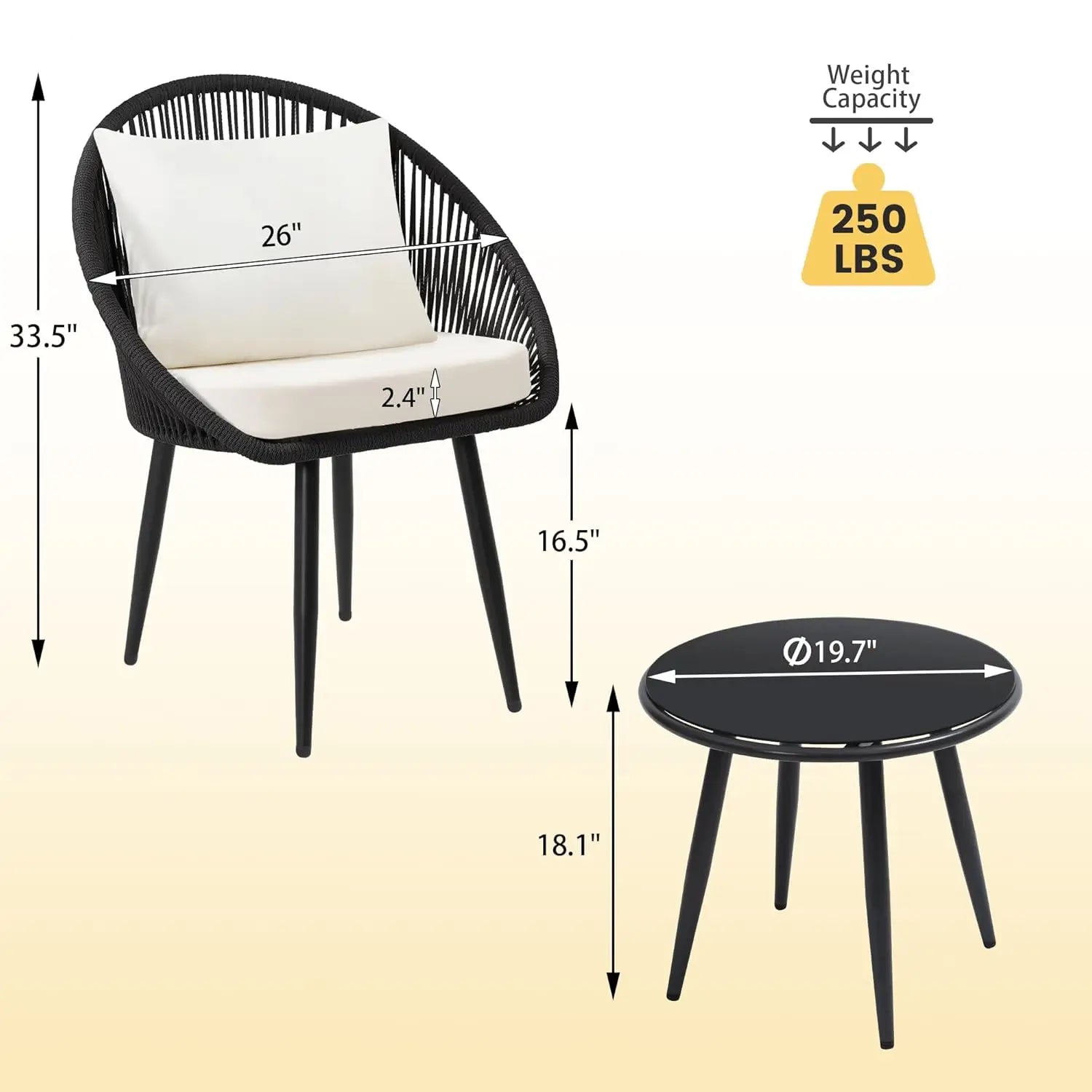 3-Piece Outdoor Bistro Set, Woven Rope Chairs with Cushions, All-Weather Patio Conversation Set with Side Table