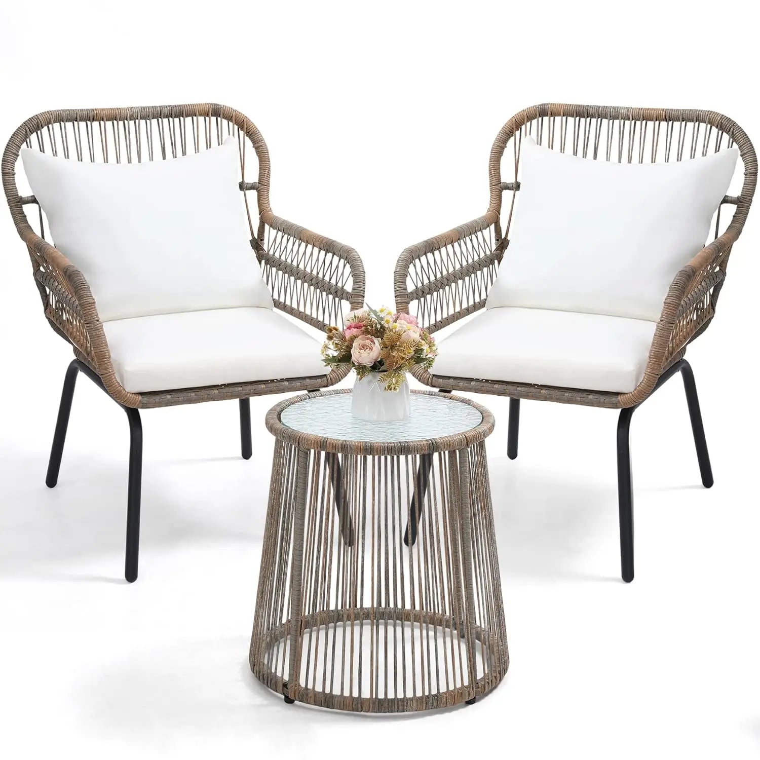 3-Piece Outdoor Bistro Set, Woven Rope Chairs with Cushions, All-Weather Patio Conversation Set with Side Table