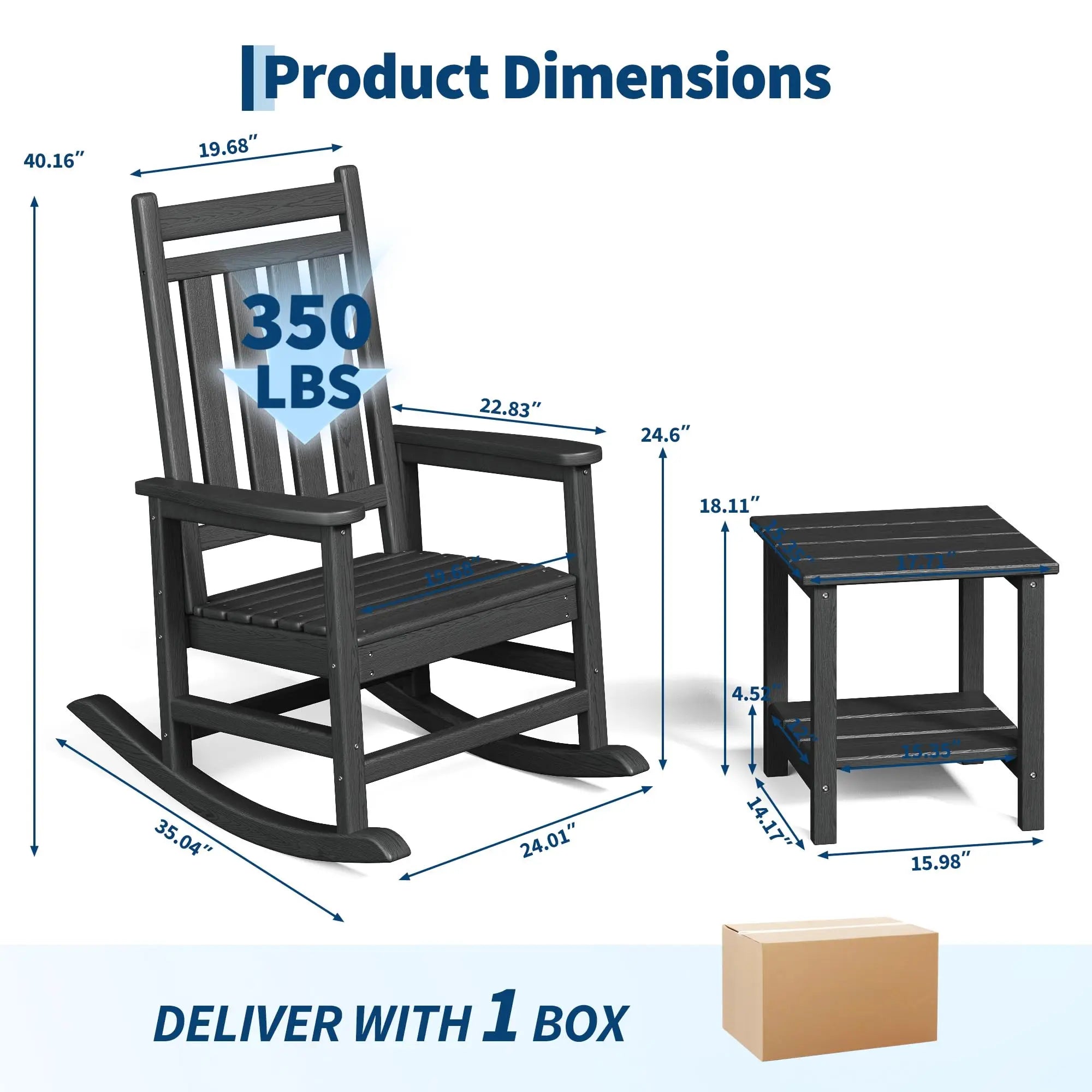 HDPE Rocking Chair Outdoor Set of 2 with Side Table - Poly High Back Porch Rocker Chairs for Adults - All Weather Resistant Furniture for Patio Front Porch - Black