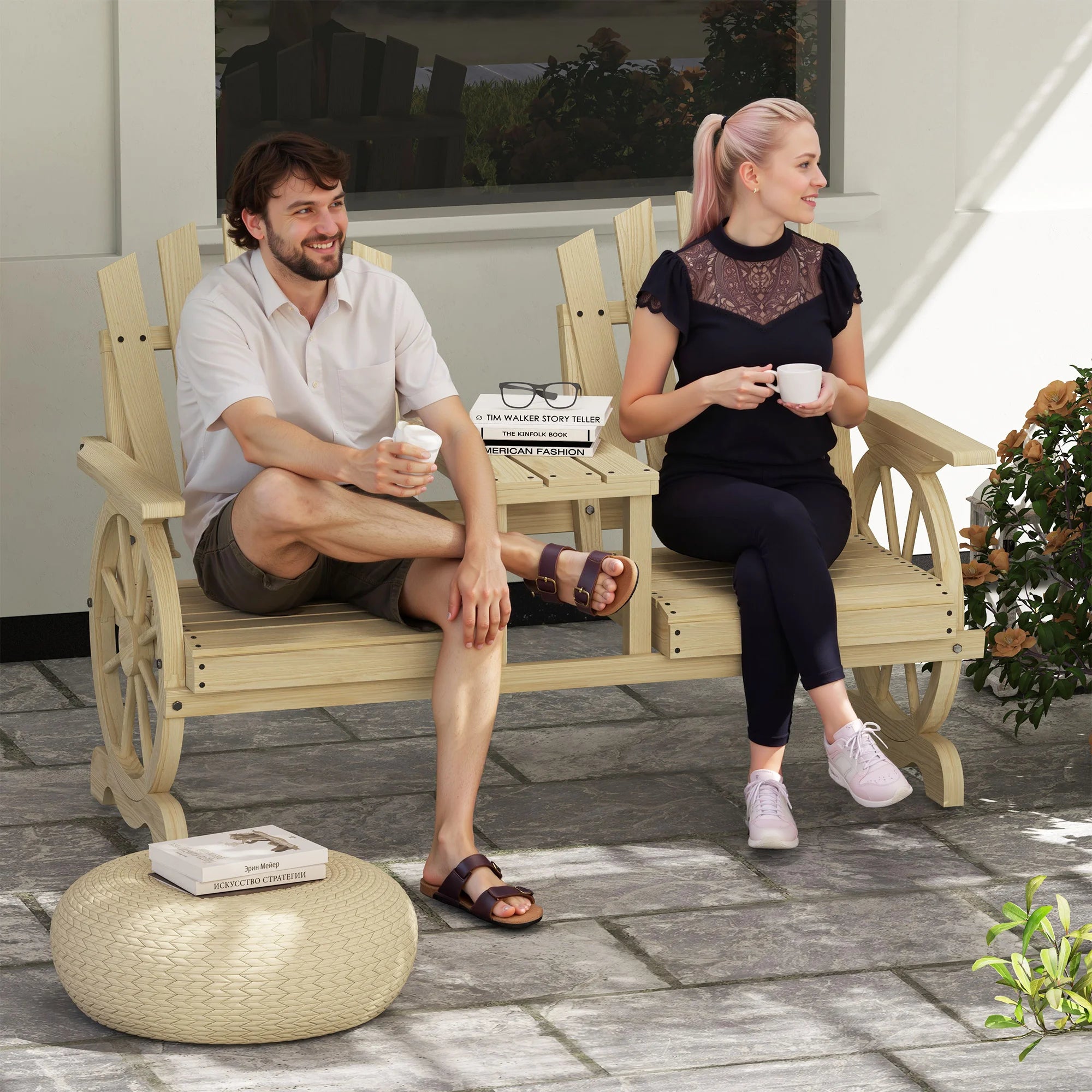 2-Seat Outdoor Wooden Bench with Table, Natural Wood | 1503