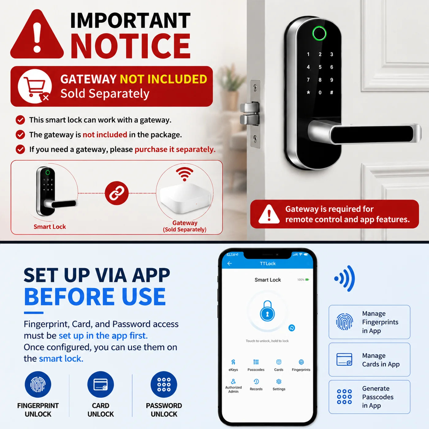Smart Fingerprint Door Lock App Remote Control Keyless WIFI Digital Touchscreen NFC IP67 Waterproof with 2 IC Cards