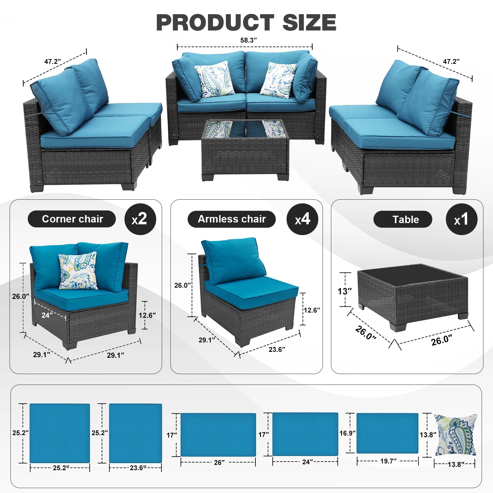 7-Piece Patio Furniture Set - All-Weather Wicker Rattan Outdoor Conversation Set in Black/Peacock Blue for Backyard Garden Pool