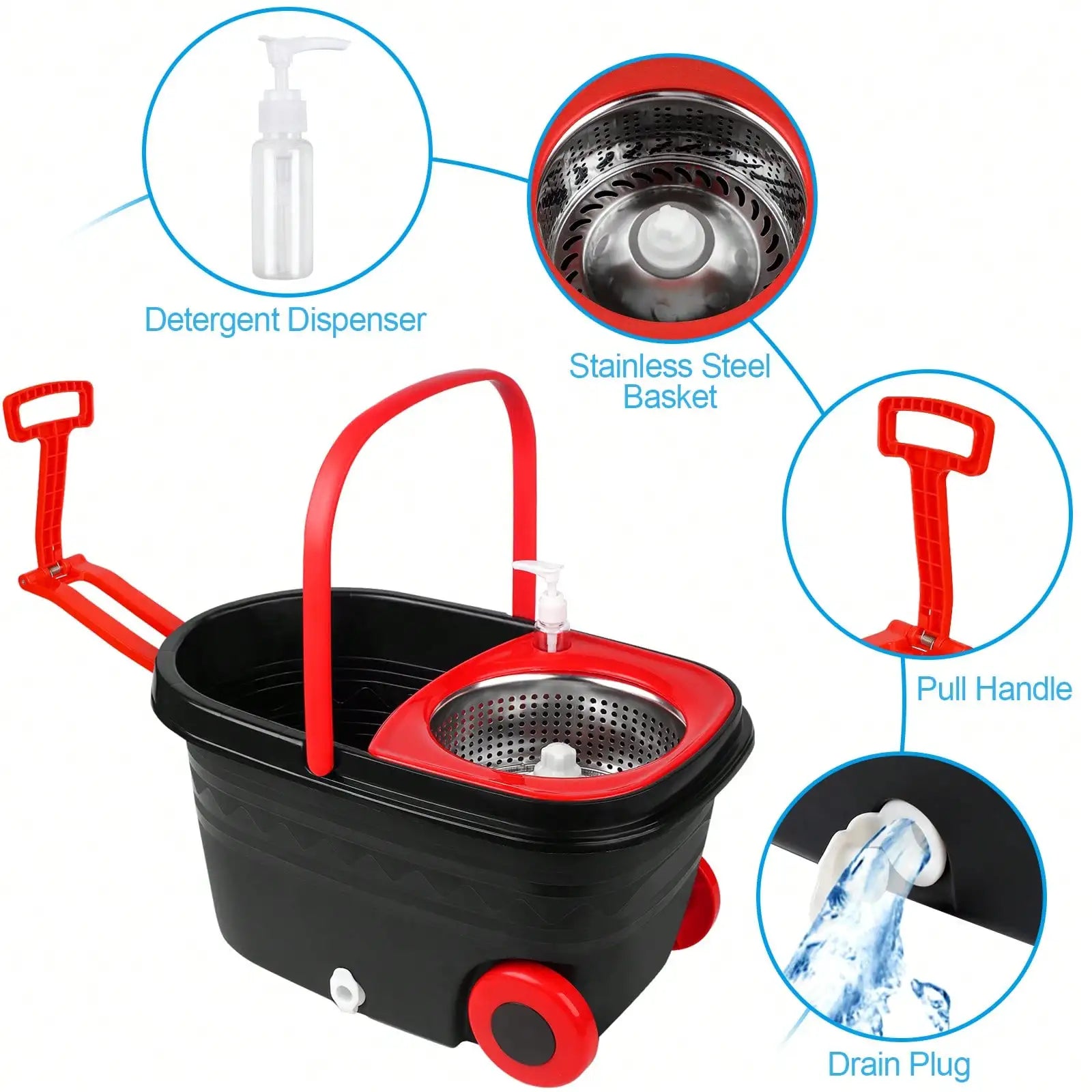 Spin Mop and Bucket with Wringer Set Rolling System
