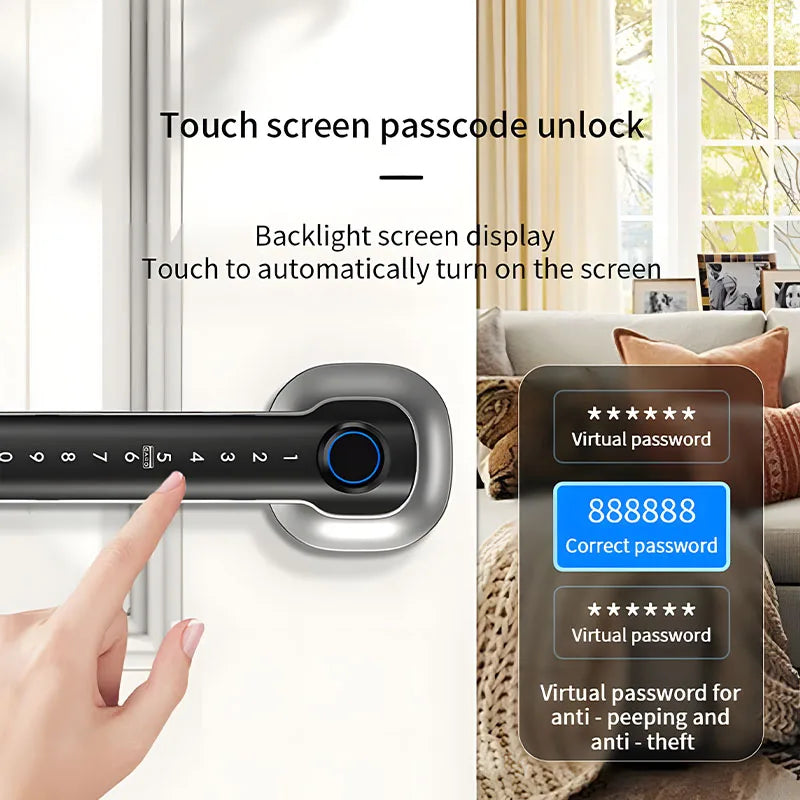 Smart Hand Lock for Front Doors Fingerprint Key Access Card Unlocking Tuya APP Remote