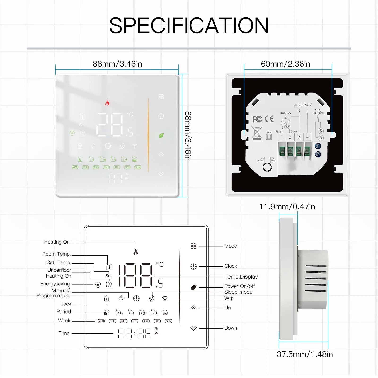 Zigbee Thermostat Room Temperature Controller for Water/Electric Floor Heating Gas Boiler with Humidity Sensor | 5A16A