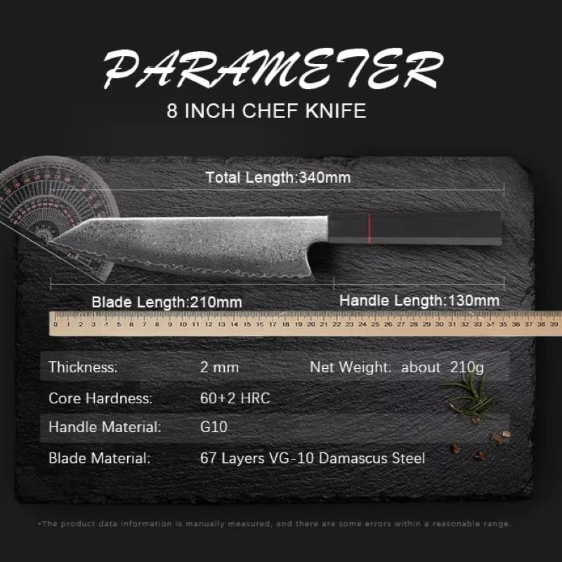 8-Inch Damascus Steel Chef Knife - 67-Layer High Carbon Kitchen Knife with Ergonomic G10 Handle
