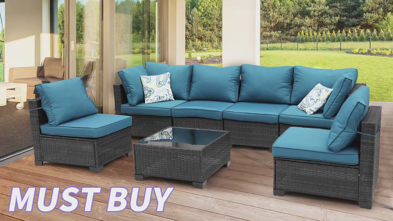 7-Piece Patio Furniture Set - All-Weather Wicker Rattan Outdoor Conversation Set in Black/Peacock Blue for Backyard Garden Pool