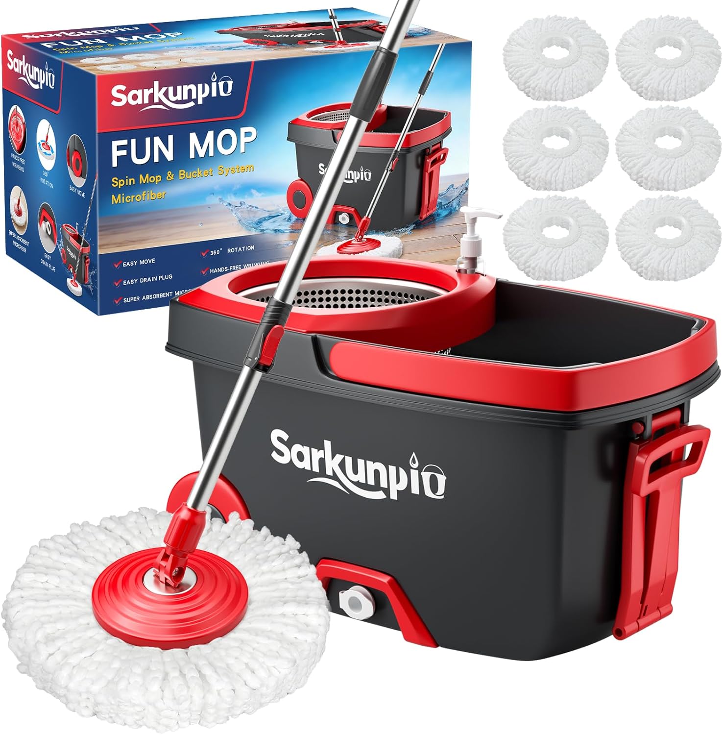 Spin Mop and Bucket Set with 6 Microfiber Heads, Dark Grey