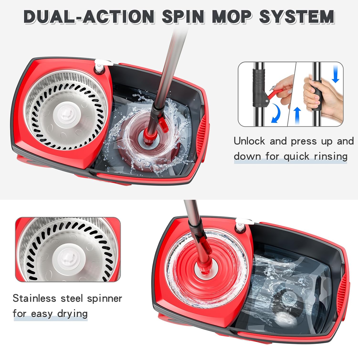 Spin Mop and Bucket Set with 6 Microfiber Heads, Dark Grey