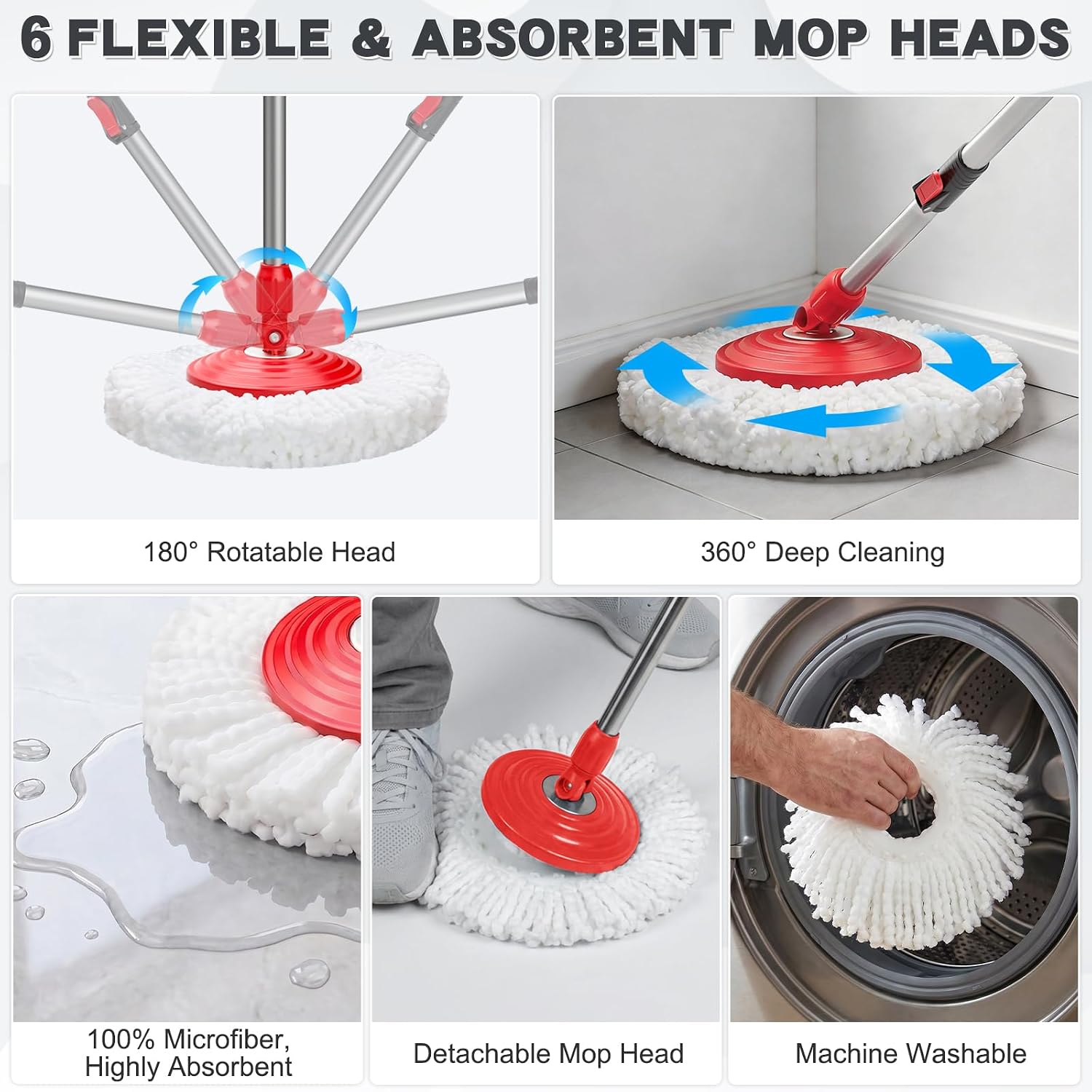 Spin Mop and Bucket Set with 6 Microfiber Heads, Dark Grey