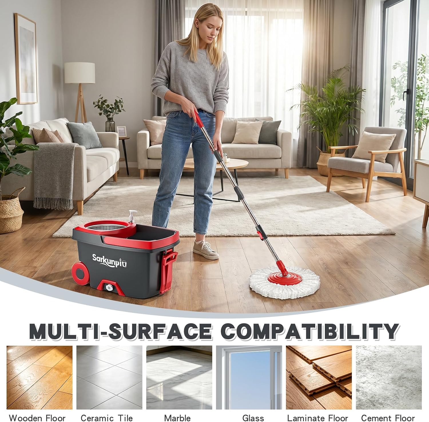 Spin Mop and Bucket Set with 6 Microfiber Heads, Dark Grey