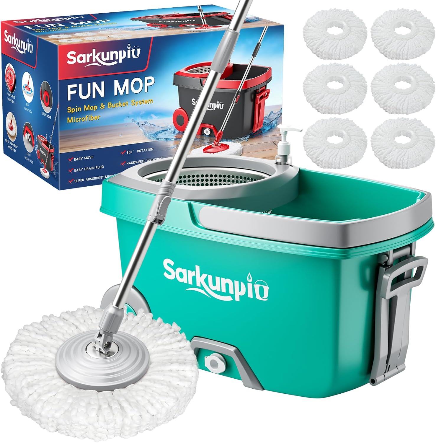 Spin Mop and Bucket Set with 6 Microfiber Heads, Dark Grey